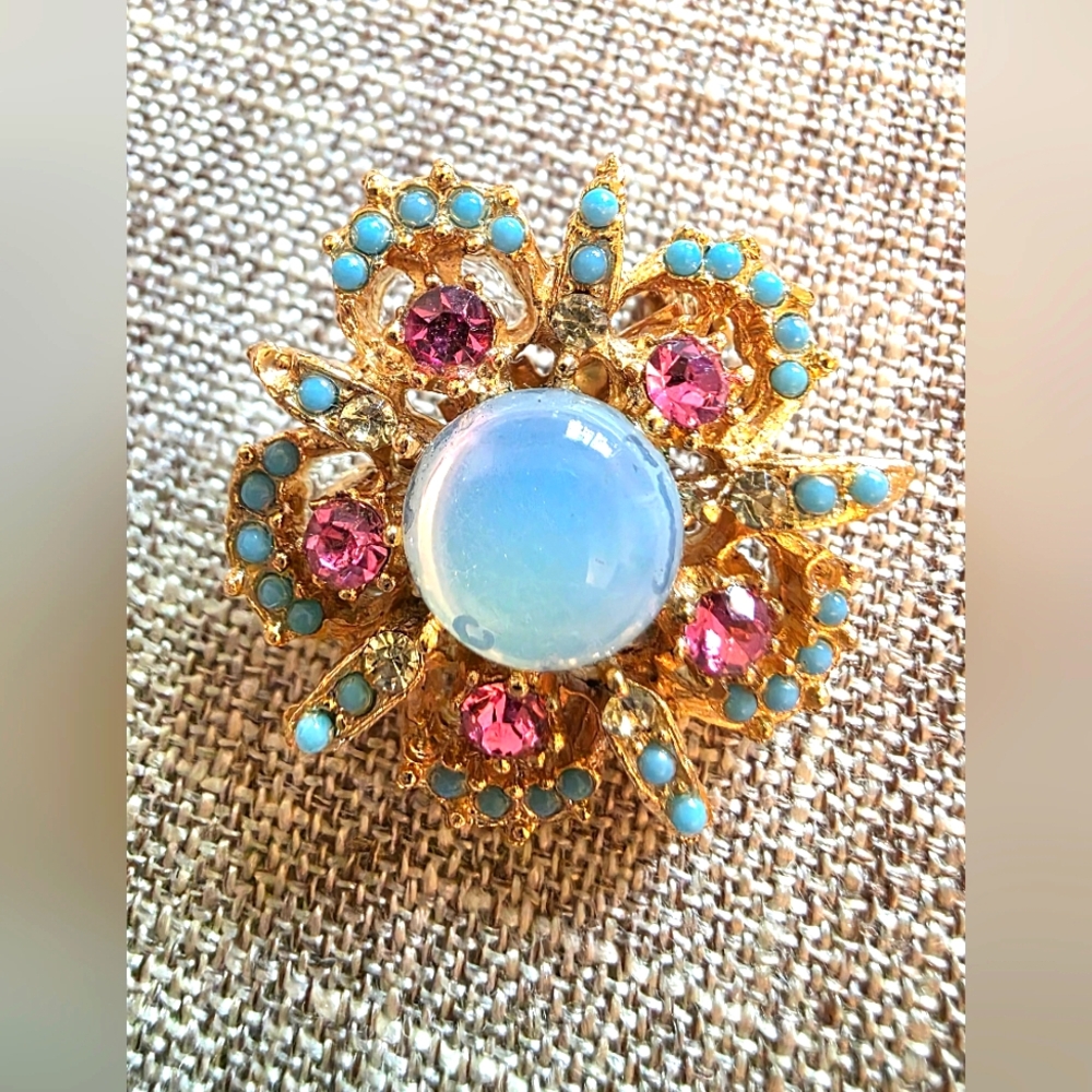 Vintage Pink Swarovski Brooch, blue lucite beads, Moonlucite Cabachon Center